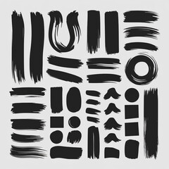 Poster - Various black brush strokes and shapes arranged on a square canvas with a light background texture design
