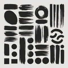 Poster - A collection of black brush strokes and paint splatters on a white background in various shapes and sizes
