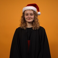 Poster - A woman wearing a Santa hat smiles at the camera. AI.