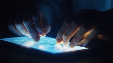 Poster - Hands Interacting with Tablet Screen in Low Light