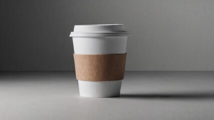 A minimalist coffee cup mockup. The white cup with a brown sleeve sits on a neutral background, perfect for branding and design projects. The clean, simple design highlights the cup's shape