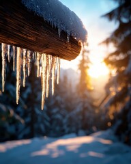 Poster - Icicles hanging from a wooden roof at sunset