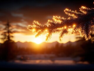 Poster - Sunset over pine branches in winter scenery
