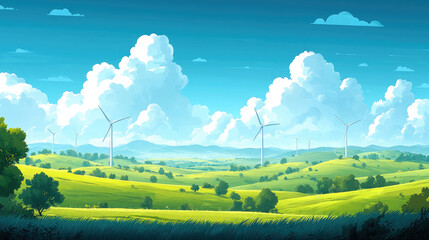 Wind turbines on the grassland, illustration