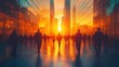 © kucret - A crowd of businesspeople walk towards the sunset in a modern city.