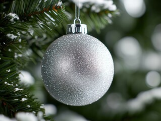 Sticker - Silver Christmas Ornament on a Snowy Pine Tree Branch.