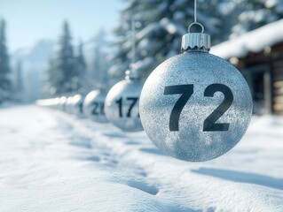 Sticker - Silver Christmas Ornament with Number 72 on Snowy Winter Background.