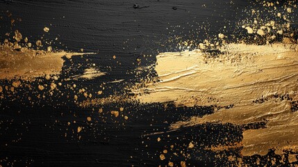 Fototapete - A bold black and gold background with golden brush strokes and textured metallic elements, creating a striking contrast and rich design.