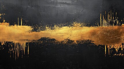 Fototapete - A bold black and gold background with golden brush strokes and textured metallic elements, creating a striking contrast and rich design.