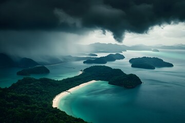 Dramatic Aerial View of Andaman Archipelago s Lush Islands Amid Ominous Hurricane