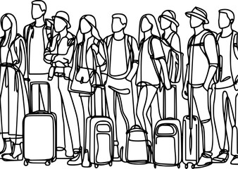 Wall Mural - the continuous line drawing of a traveler group of standing people generate by ai 