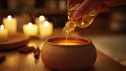 A close-up of a hand pouring cinnamon essential oil into a diffuser, with warm, inviting lighting in the background, creating an atmosphere of energy and passion.