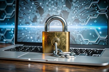 Cyber Security Protection with Padlock, Computer Programming, Malware Defense, and Digital Payment Safety