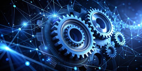 Poster - Dark Blue Gear Technology Template with Particle Elements for Presentation Designs