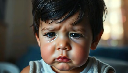 Wall Mural - A little boy crying in a dark room, a sad baby in a dark room, crying, a close-up to the face