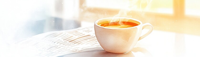 Poster - Watercolor painting of a cup of hot coffee with steam and newspaper.