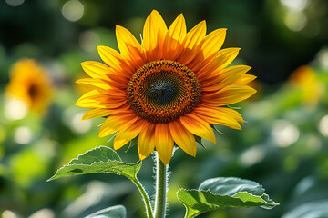 A vibrant sunflower with bright yellow petals and a central dark disc, standing tall amidst a lush green backdrop.