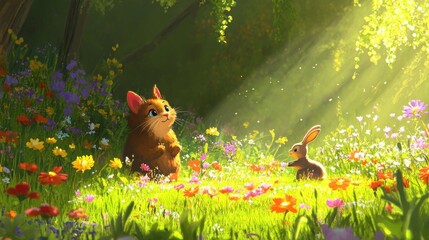 Wall Mural - A whimsical scene of a cat and a rabbit amidst colorful flowers in a sunlit forest.