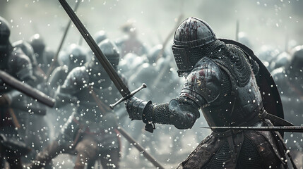 A group of knights are fighting in a battle