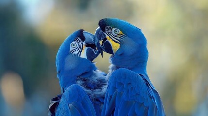 Two blue and yellow macaws nuzzle their beaks together in a close-up shot, showing their affection for each other.