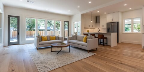 A bright, modern living room features comfortable sofas, a coffee table, and large windows offering a view of nature, creating a cozy atmosphere.