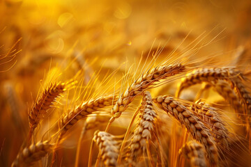 A field of golden wheat with a bright sun shining on it