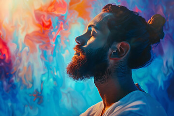 Poster - A man with a beard is sitting in front of a colorful background