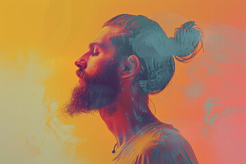 Poster - A man with a beard and a ponytail is shown in a colorful background