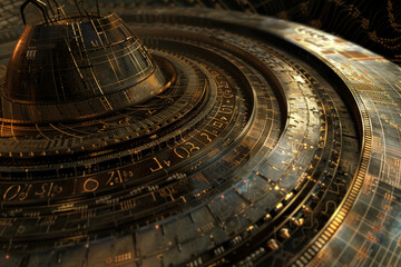 Poster - A large, golden, and intricate clock with many numbers and symbols on it