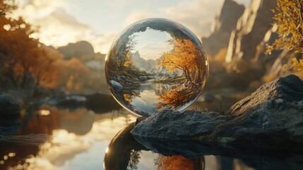 Poster - A crystal orb reflecting a scenic landscape at sunrise, with soft light highlighting the detailed surroundings within the sphere.