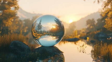 Poster - A crystal orb reflecting a scenic landscape at sunrise, with soft light highlighting the detailed surroundings within the sphere.