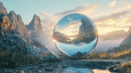 Poster - A crystal orb reflecting a scenic landscape at sunrise, with soft light highlighting the detailed surroundings within the sphere.