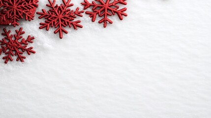 Wall Mural - Red Glitter Snowflakes on White Snow Background