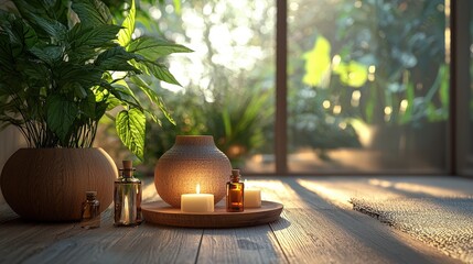Poster - A minimalistic meditation area with essential oils, candles, and plants, creating a serene and focused environment.
