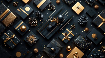 Poster - A modern Black Friday background with bold black and gold typography, surrounded by abstract shopping icons and sale tags.