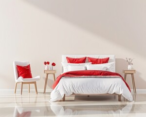 A modern bedroom with a white bed and red bedding. two wooden side tables with lamps and a white armchair with a red pillow The walls are beige and there is a large window in the background. allowing