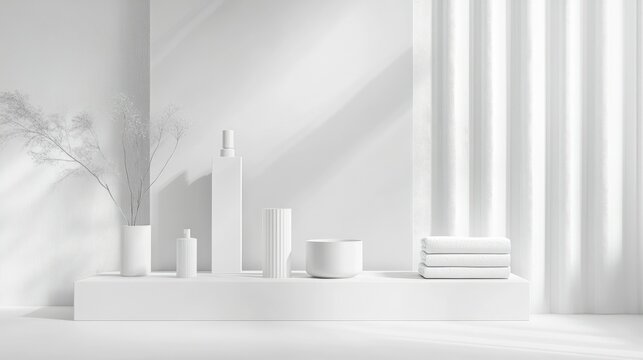 Bright minimalist display with white backgrounds and limited products; space for brand logos or text in clean areas, modern aesthetic.