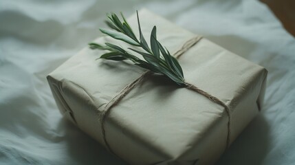 Close-up of a gift wrapped with simple paper and accented by a sprig of greenery, showcasing a minimalist, eco-friendly approach.