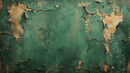 Poster - A rustic green vintage background with peeling paint, distressed wood textures, and subtle cracks, evoking a sense of aged elegance and nostalgia.