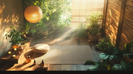 Poster - A serene meditation space with essential oils for balance, surrounded by plants, soft lighting, and natural textures.