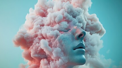 Poster - Conceptual image of a head, with surreal visuals like clouds and colors enveloping it, suggesting a medicated experience.