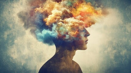 Poster - Conceptual image of a head, with surreal visuals like clouds and colors enveloping it, suggesting a medicated experience.