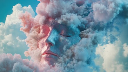 Poster - Conceptual image of a head, with surreal visuals like clouds and colors enveloping it, suggesting a medicated experience.
