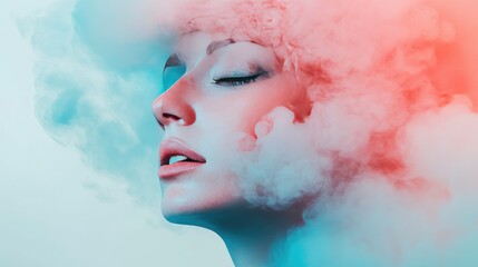 Poster - Conceptual image of a head, with surreal visuals like clouds and colors enveloping it, suggesting a medicated experience.