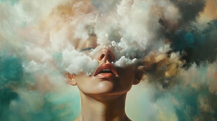 Poster - Conceptual image of a head, with surreal visuals like clouds and colors enveloping it, suggesting a medicated experience.