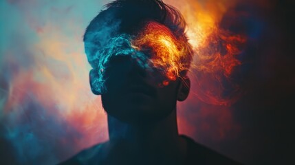 Poster - Dreamlike portrait of a person with overlaying abstract colors and lights, symbolizing the surreal state of a medicated mind.