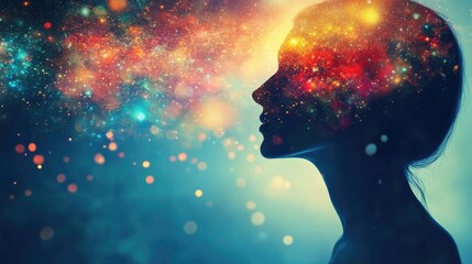 Poster - Dreamlike portrait of a person with overlaying abstract colors and lights, symbolizing the surreal state of a medicated mind.