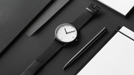 Poster - High-contrast flat lay of black and white fashion items, like a watch, notebook, and pen, on a clean surface for a modern feel.