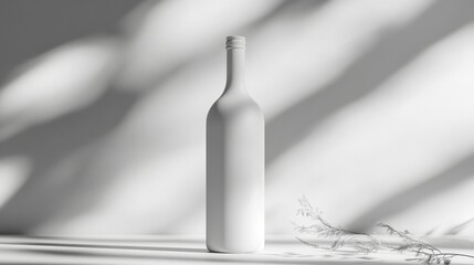 Aufkleber - Minimalist white bottle mockup on a light background, standing upright with soft lighting, and no labels for customizable design.