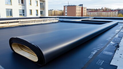 Poster - Roll of EPDM material being applied on a modern roof construction, highlighting durable, weatherproof roofing technology in progress.
